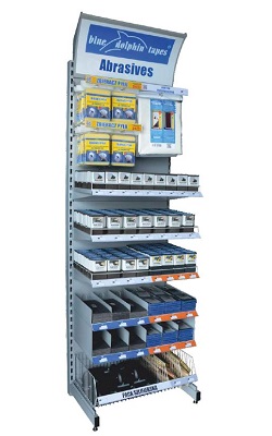 BlueDolphin csiszoló anyagok bemutató állványa.