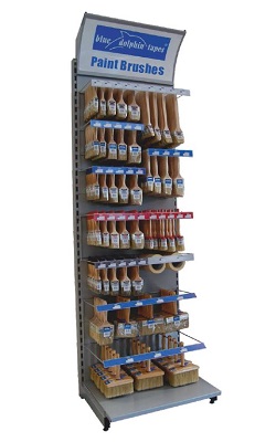 BlueDolphin építőipari festő ecsetek bemutató állványa.