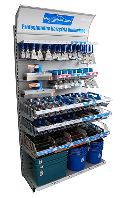 BlueDolphin építőipari szerszámok bemutató állványa.