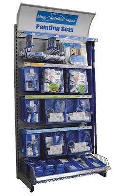 BlueDolphin építőipari festő készletek, szettek bemutató állványa.