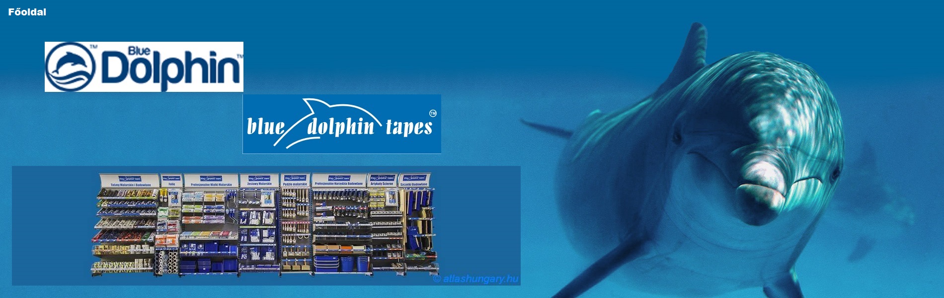 BlueDolphin logók és termékeinek montázsa, egy delfinnel a háttérben.