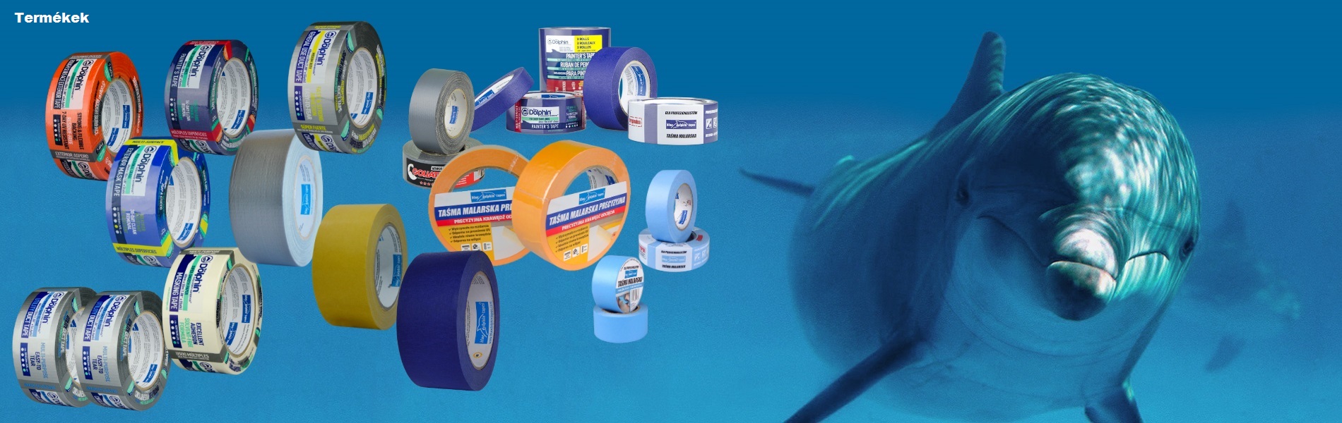 BlueDolphin szalagok képe a háttérben egy delfinnel.